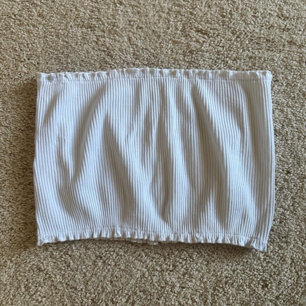 White Ribbed Strapless Crop Top